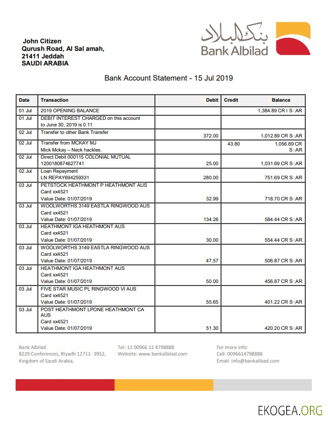Modèle de relevé bancaire de la Saudi Arabia Bank Albilad au format Word et PDF